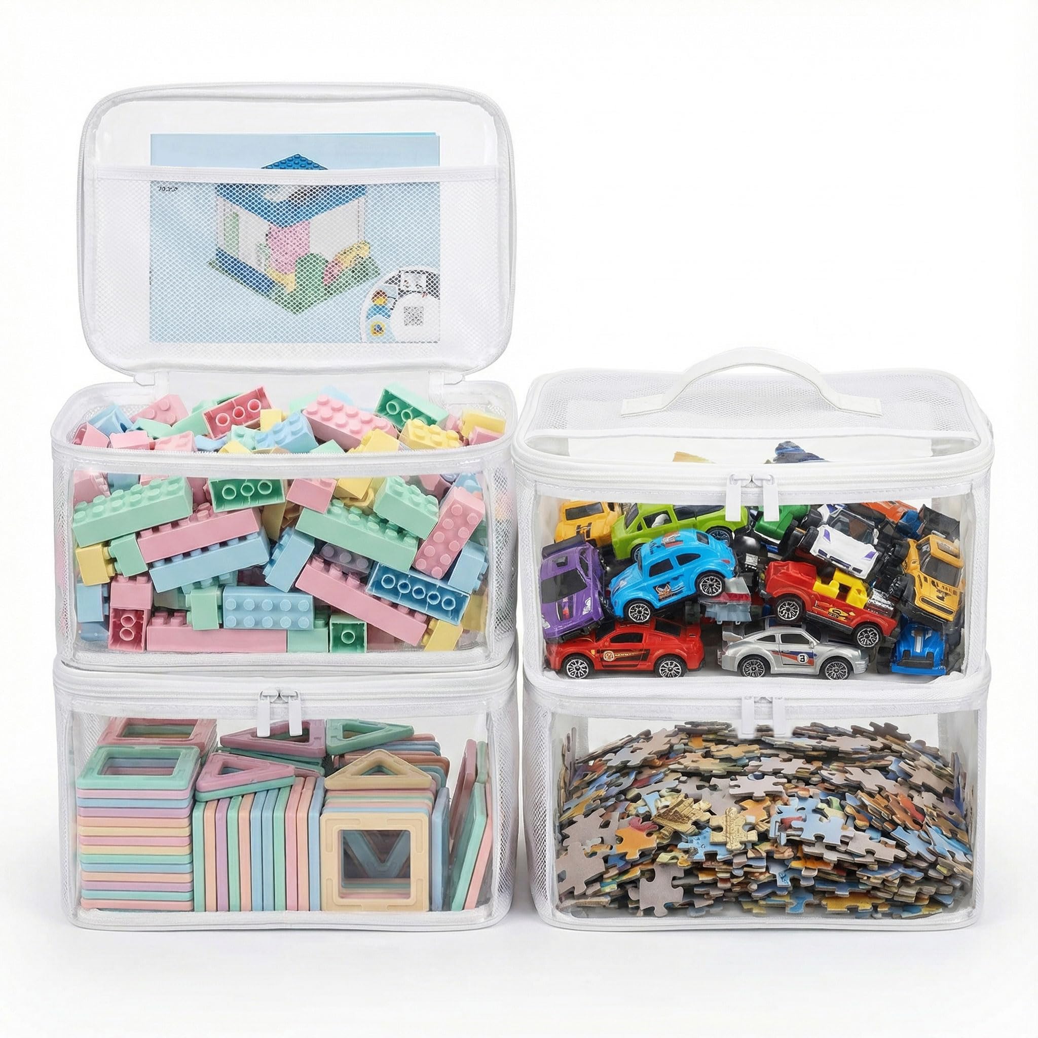 holay Clear Toy Storage Bags with Handle, 4 Pack Playroom Storage Organiser Bins Kids Toys, Board Games, Busy Bags, and Homeschool Supplies –Transparent PVC with Reinforced Base(White, Small)