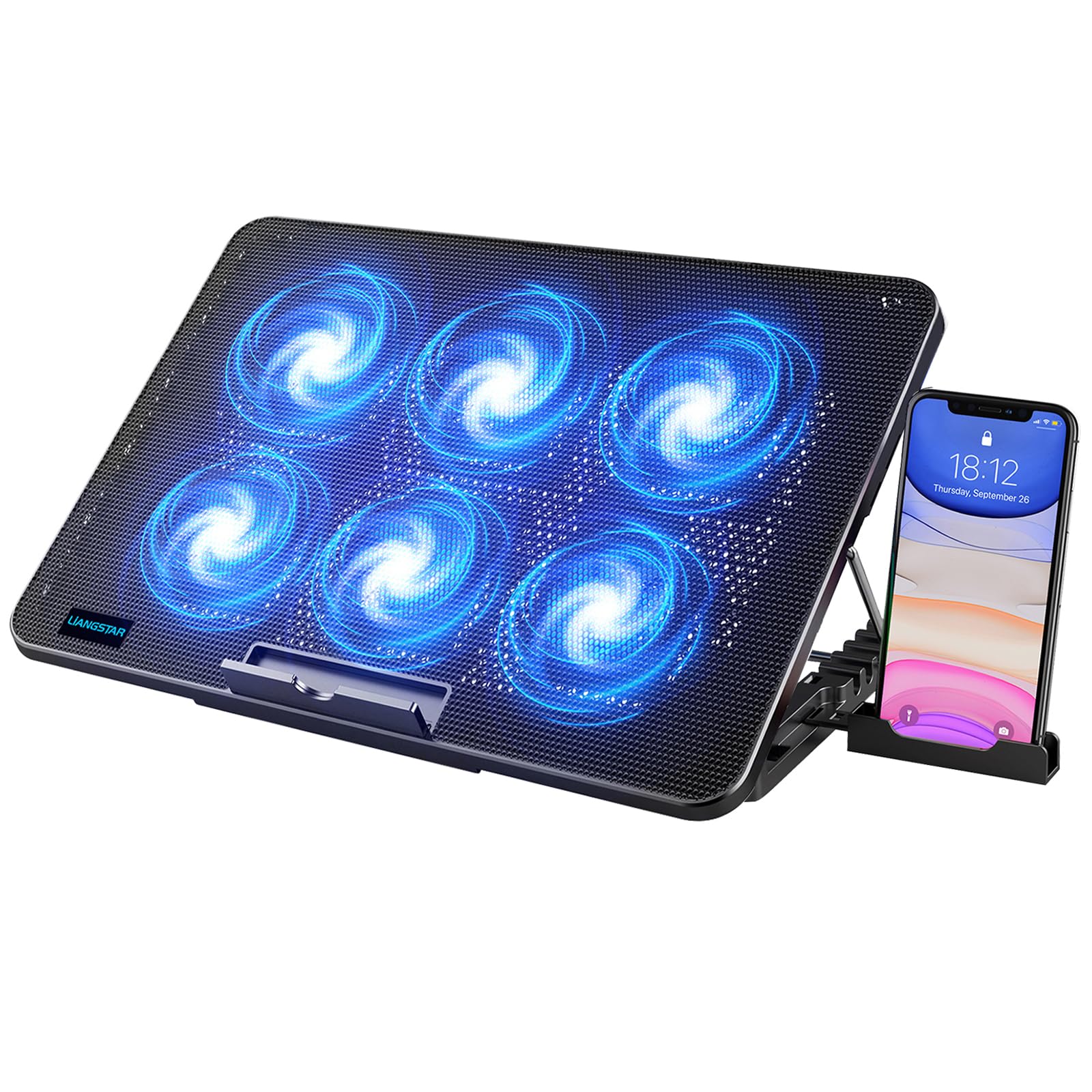 LIANGSTAR Enfriador, 6 ventiladores silenciosos para gaming, 7 alturas ajustables y soporte para teléfono móvil, 2 puertos USB y velocidad ajustable, ventilador para portátil de hasta 17 pulgadas