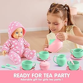 JOYIN 18PCS Pretend Tea Party Set, Plastic Tea Set, Mini Kitchen for Kids, Gifts for Toddler Boys Girls Ages 3 4 5 6 Years Old