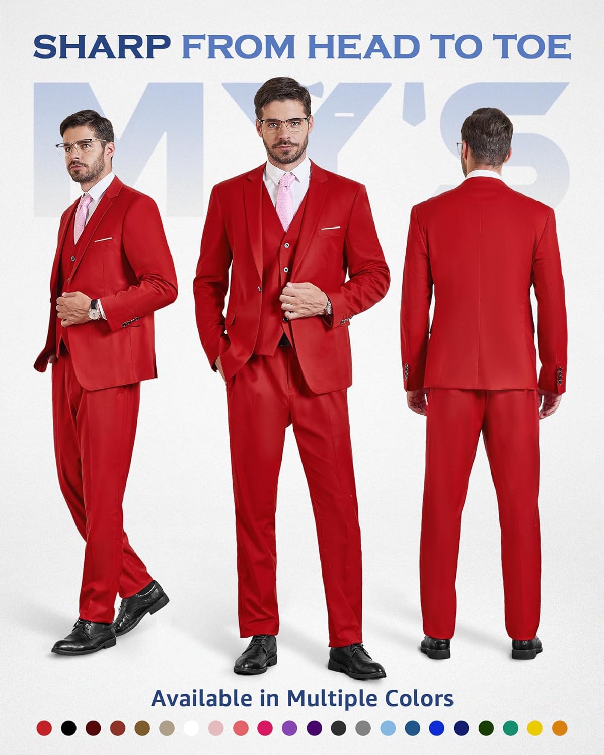 MY'S Men's 3 Piece Slim Fit Suit Set, One Button Solid Jacket Vest Pants... - Picture 74 of 138