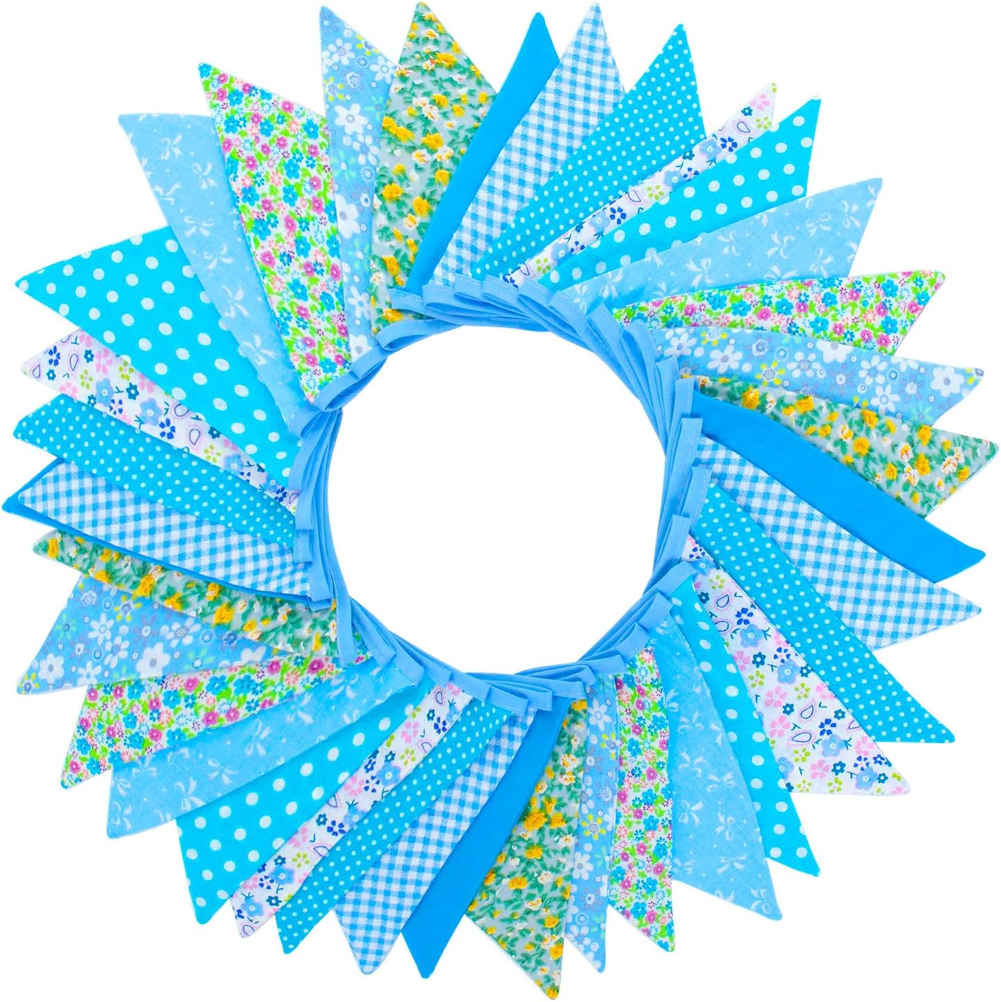 Tupa 36 Feet Double Sided Fabric Bunting Banner Triangle Flag Garland Decoration with 36 Flags Floral Style for Wedding Birthday Parties (Blue)