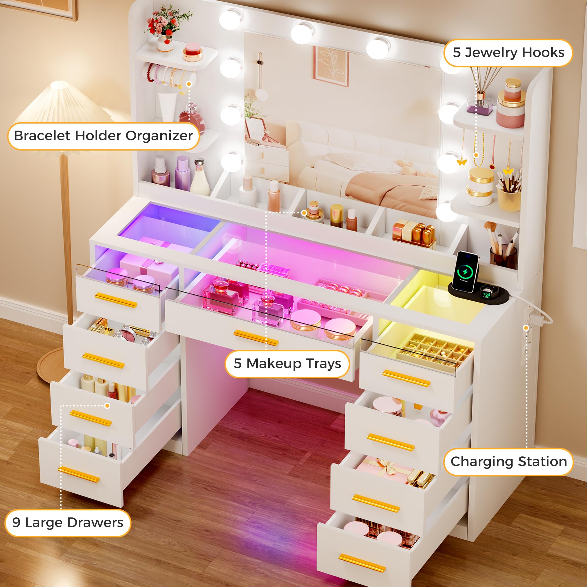 ANWBROAD Coiffeuse avec Miroir et Éclairage LED 3 Couleurs Grande Coiffeuse avec Plateau en Verre 9 Tiroirs RGB 4 Étagères Table de Maquillage avec Prise de Courant pour Chambre Moderne Blanc BDT95W