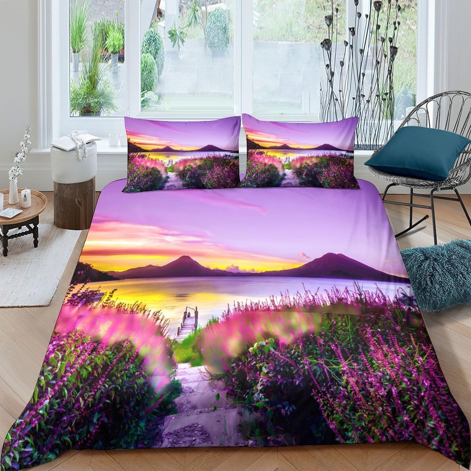 Ctjqhvkz Style-8 3D Printed Lavender Sunset Fitted Sheet Microfiber Soft Purple Lake Path Mattress Cover For Bedroom Living Room Decor Single（135X200cm）