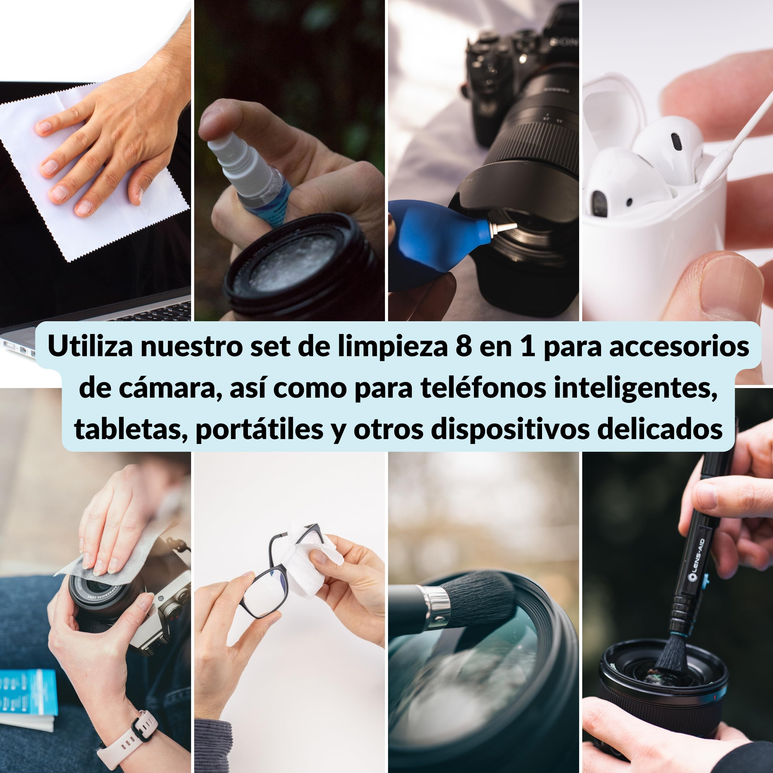 Lens-Aid Kit Limpieza cámara 8 en 1 – Set con Fuelle, Cepillo, lápiz, paños, líquido y más – Ideal para Objetivos, sensores, filtros y Pantallas – Regalo para fotógrafos