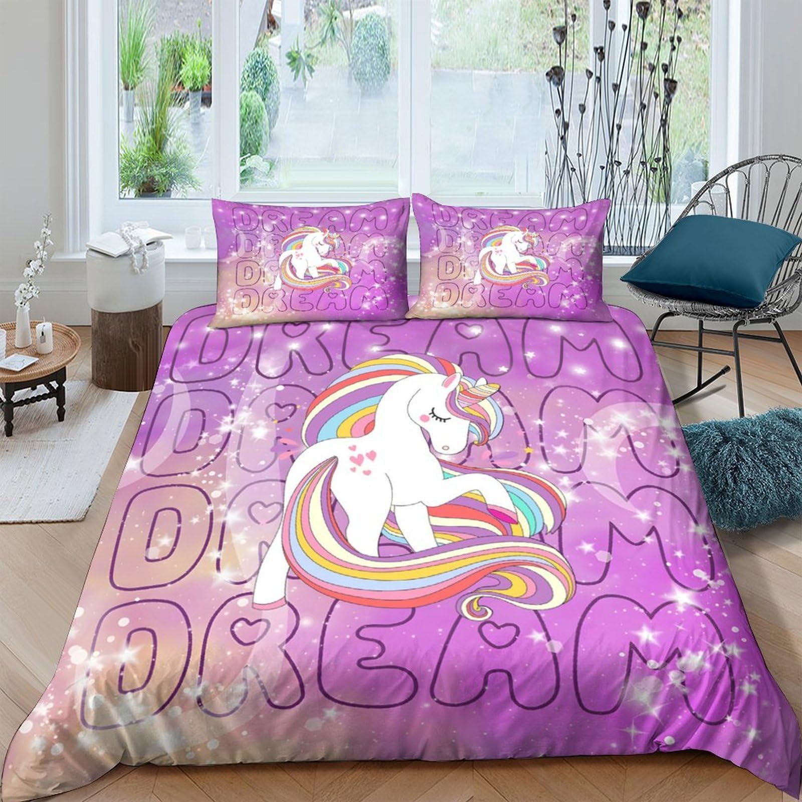 Ctjqhvkz Style-7 3D Printed Rainbow Unicorn Fitted Sheet Microfiber Pink Dreamy Bed Cover For Bedroom Guest Room Anti-Slip Washable Single（135X200cm）