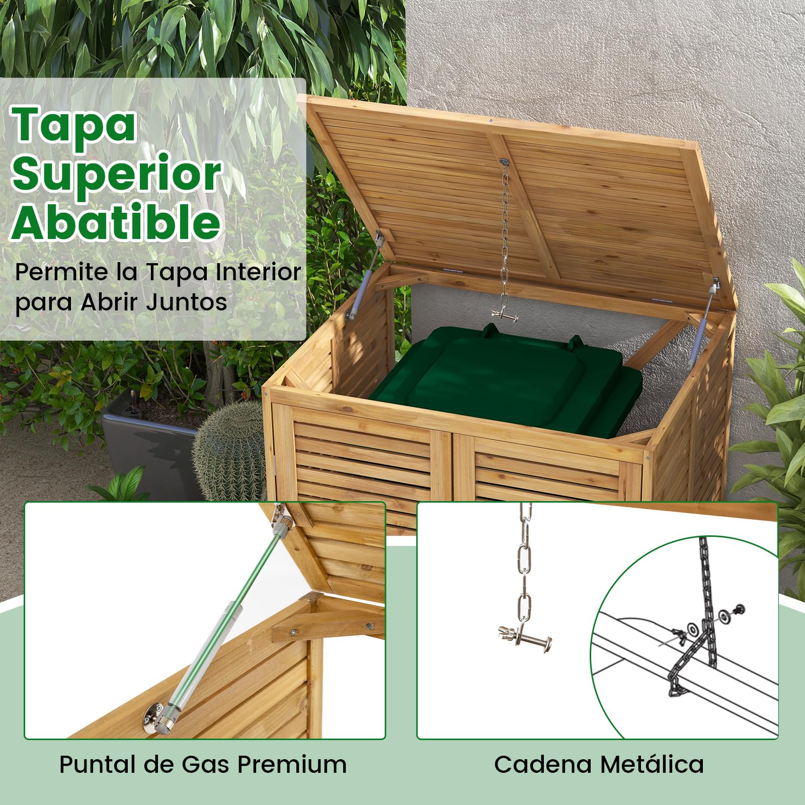 COSTWAY Cobertizo de Basura de Madera de 120 L, Caseta de Madera para Contenedor de Desechos para Exteriores con Tapa Abatible, Puertas Dobles, Pestillo de Seguridad, Contenedor de Basura para Jardín