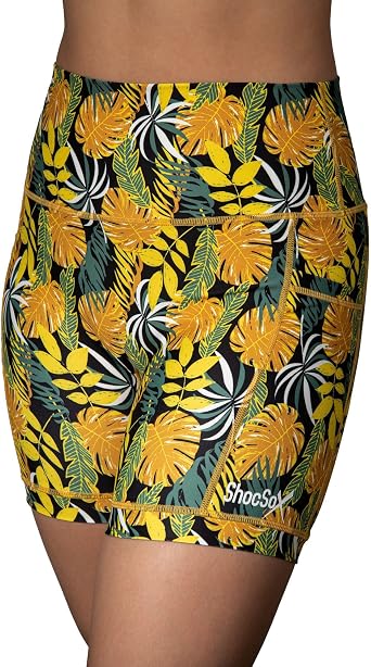 ShocSox Womens Running Compression Shorts 5" No-Ride-Up with Leg Grippers, Pockets, Quick-Dry, High-Rise Waist