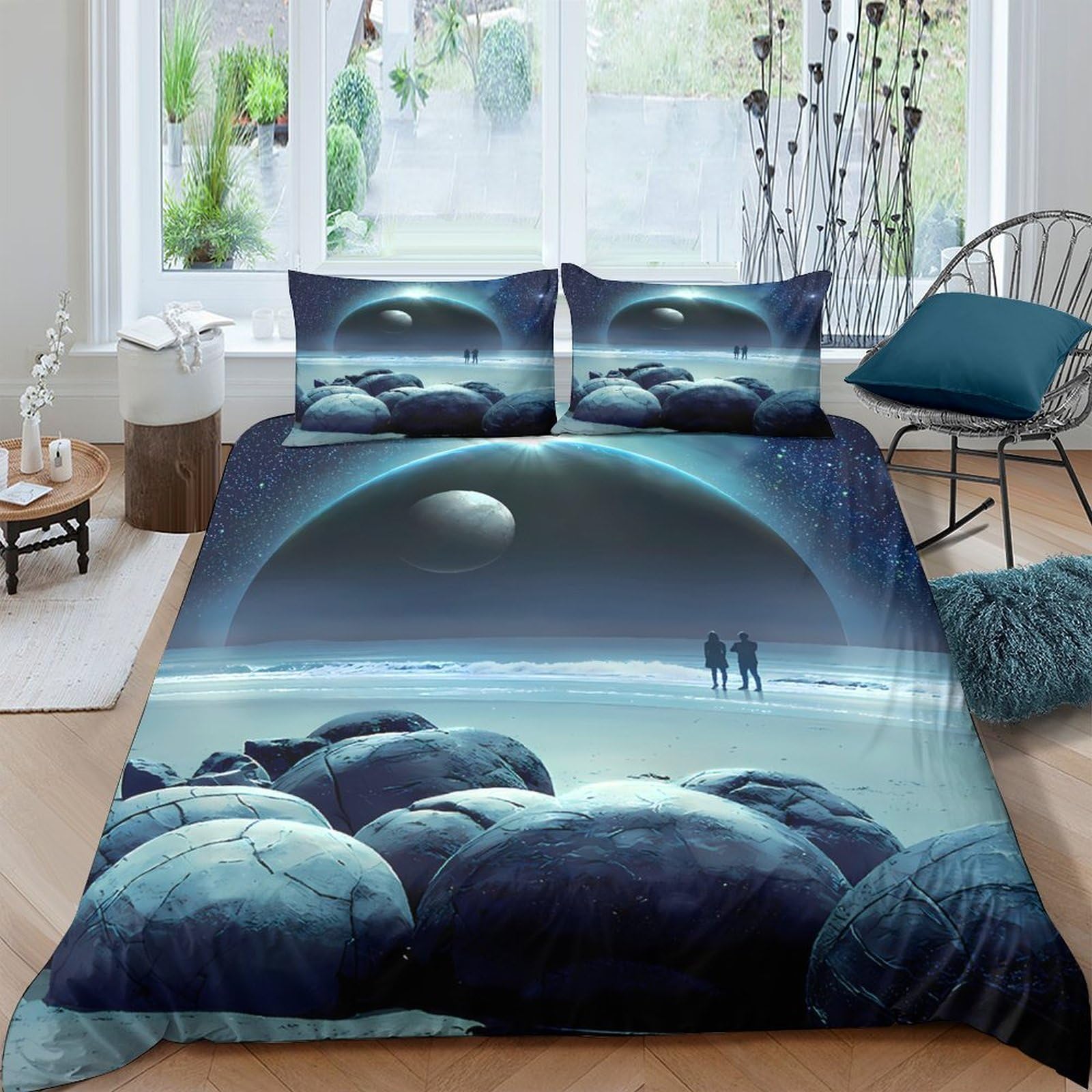 GPLZQXKJNH 3D Printed Moon Landscape Duvet Cover Microfiber Soft Breathable Planet Bedding Set with 2 Pillowcases for Bedroom Decor Single（135x200cm）
