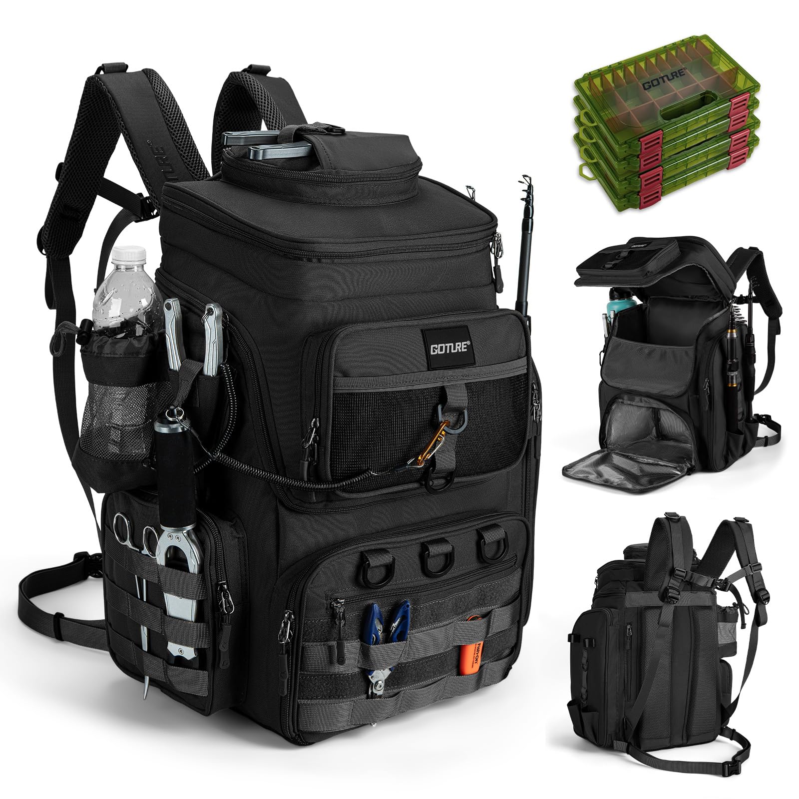 Goture Angelrucksack mit 4 Köderbox Angeln, 55-Liter Angelzubehör-Rucksack mit Zwei Rutenhaltern und Regenschutz, 900D Oxford-Gewebe Wasserabweisende Angelgerätetasche mit verstellbarem Fach