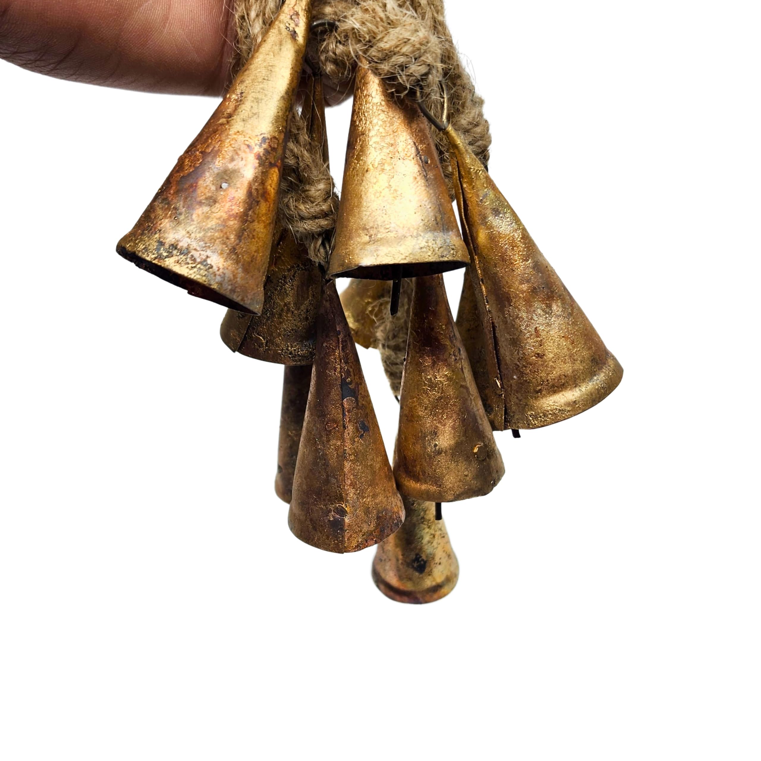 Campanas de vaca de metal de 7 cm, estilo vintage, rústicas, hechas a mano, con cuerda de yute (10 unidades, cono)