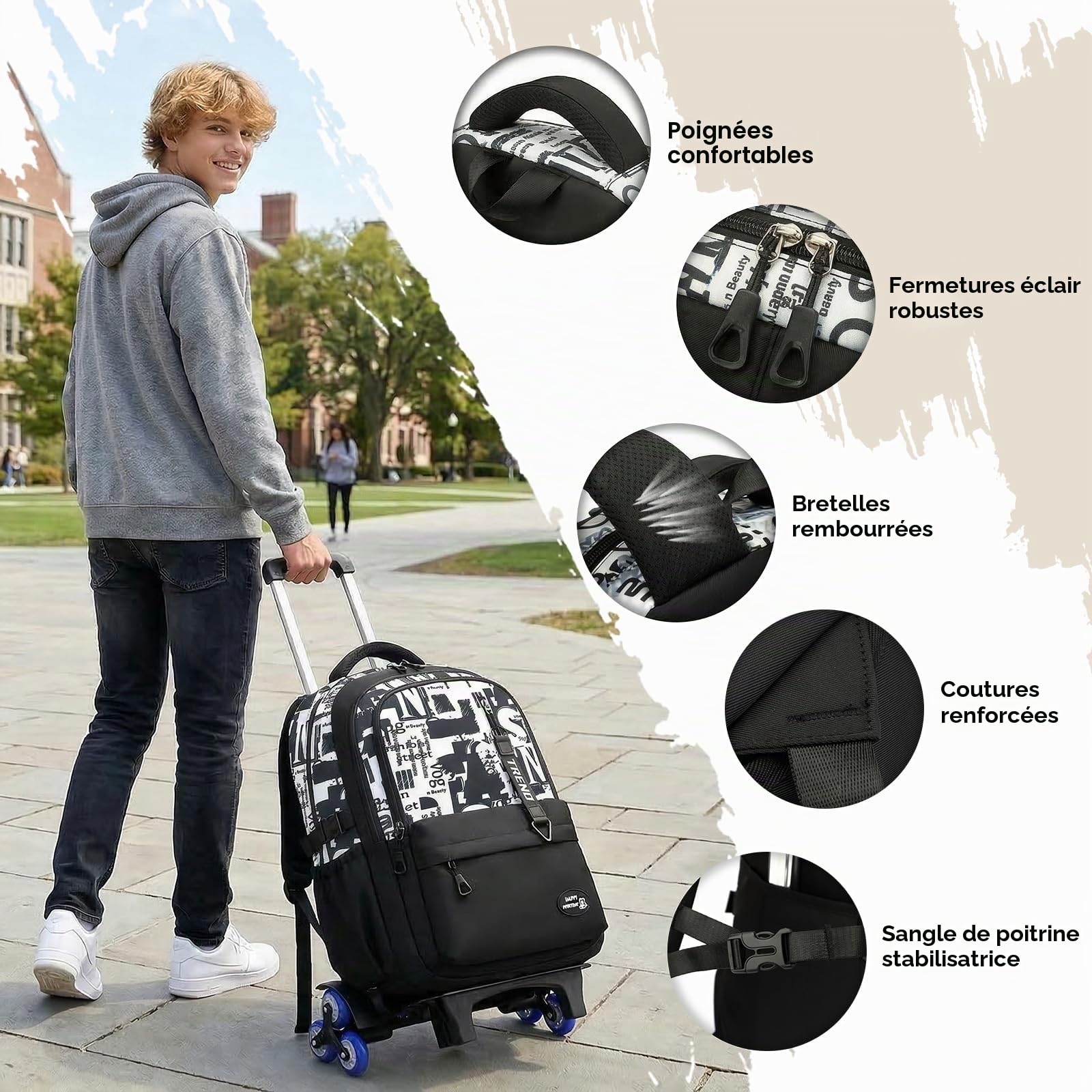 Amythe Cartable à Roulettes Ado Garçon 10-24 Ans – Sac à Dos Trolley 6 Roues pour Collège Lycée – Grand Sac de Voyage pour Ordinateur 15.6 Pouces – Rentrée Scolaire, Noël