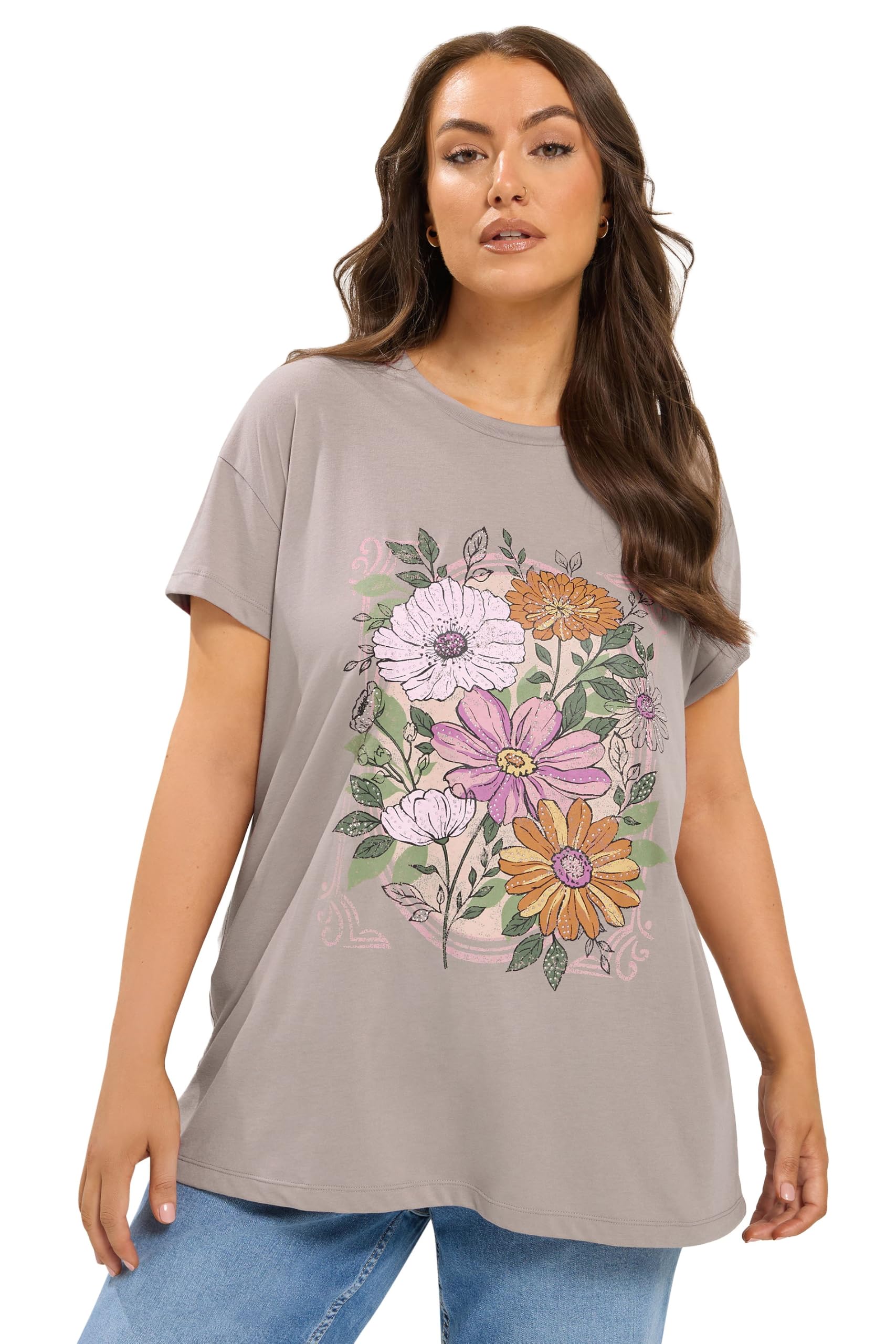 Yours Women's Light Brown Floral Stud T-Shirt In | Size: 26-28