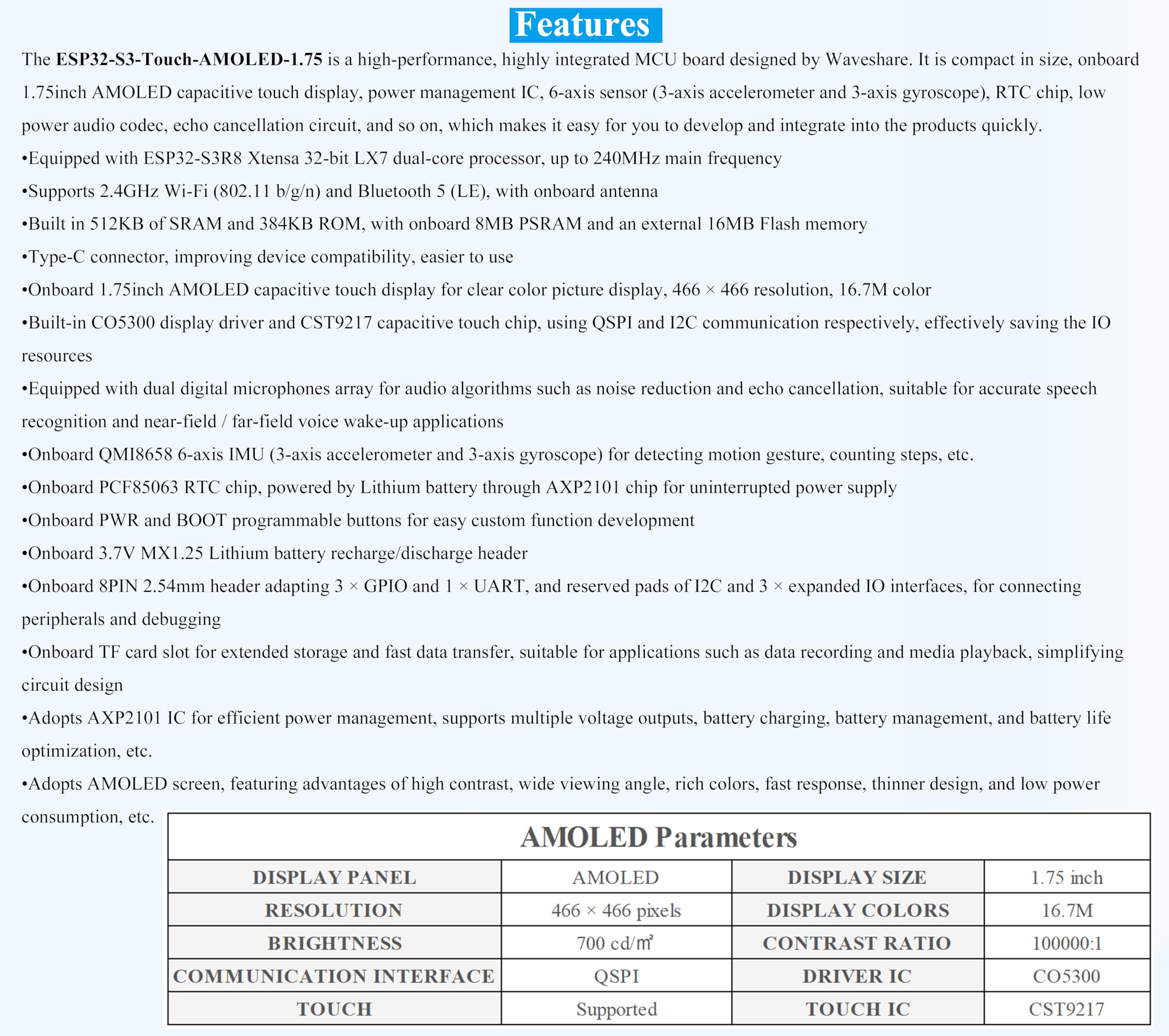 ESP32-S3 - Placa de desarrollo de pantalla táctil redonda AMOLED de 1.75 pulgadas, 466 × 466, procesador LX7 de doble núcleo de 32 bits, matriz de micrófonos digitales duales integrados, interfaz QSPI
