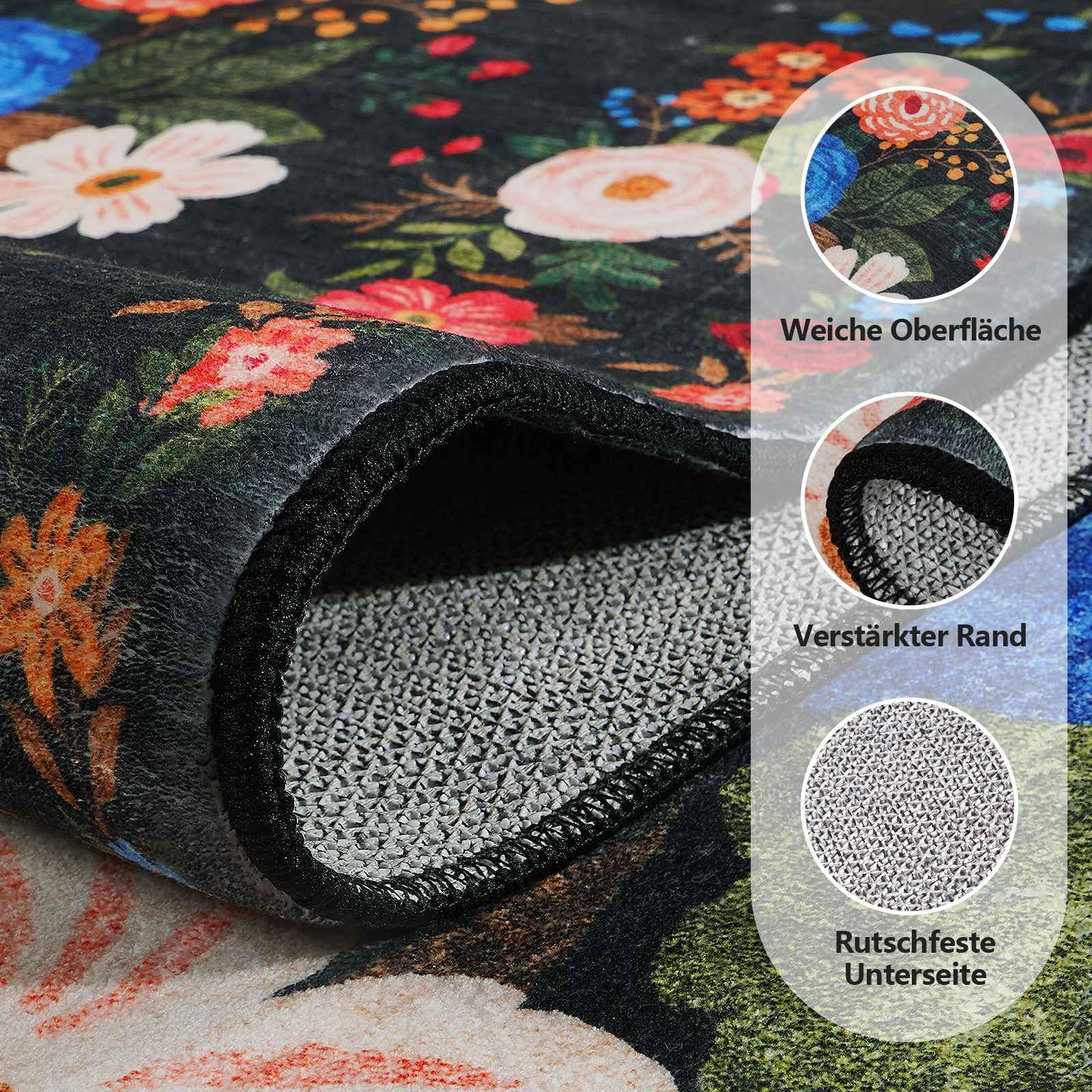 Teppich Wohnzimmer 120x180cm, Vintage Blumenmuster, Waschbar & Rutschfester Boho Weich Kurzflor Teppiche Gegend für Schlafzimmer, Kinderzimmer, Gastzimmer, Esszimmer, Büro, Schwarz