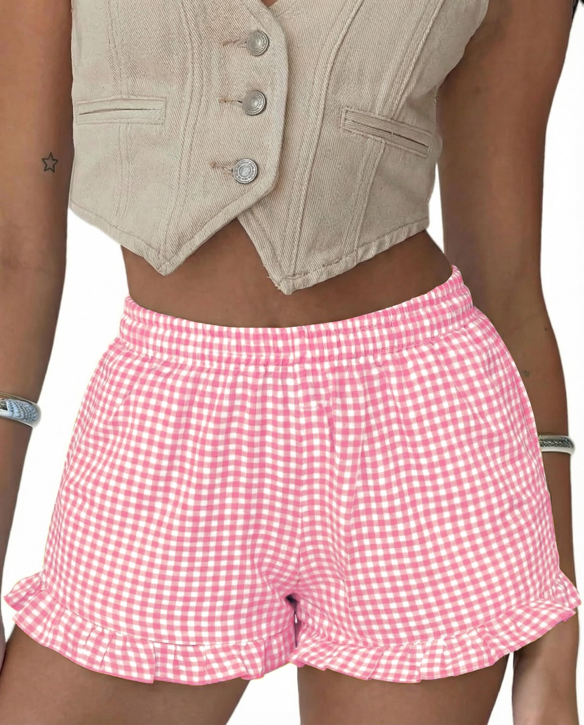 Boxer Shorts Gingham Shorts Y2K Beach Bottoms | Plaid Shorts Y2K Pajama Bottoms Two Pockets