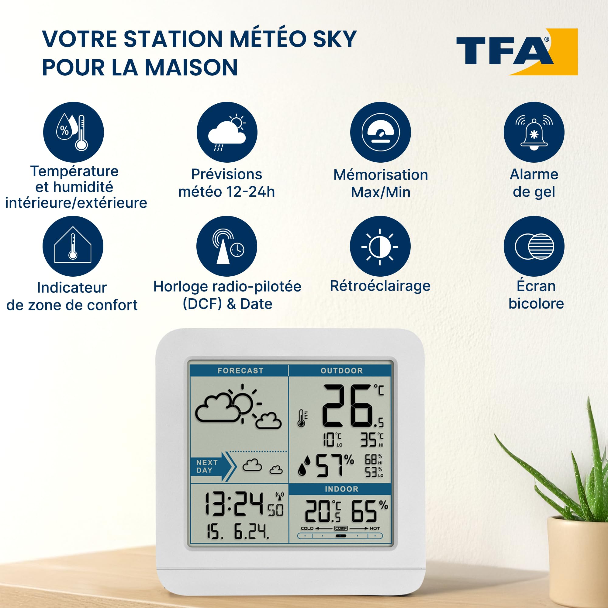 TFA Dostmann Station météo numérique SKY, 35.1152.02, Station météo avec capteur extérieur sans fil, Prévisions météo, Symbole forestier, Température intérieure/extérieure, blanc