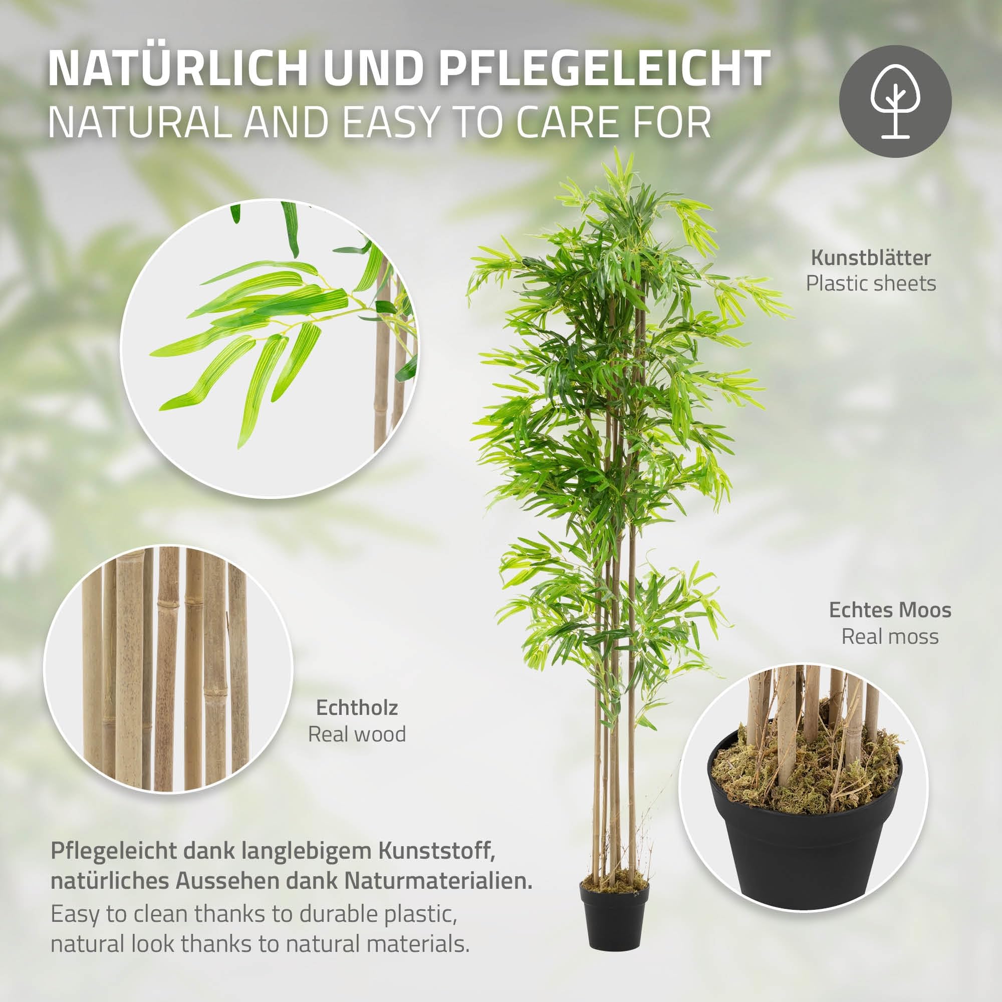 ML-Design Bambou Artificiel 210 cm Décoratif, Plante Verte Grande avec Tronc en Bois Véritable, Fausse Plante en Pot, Déco Aspect Naturel, Arbre pour Intérieur/Extérieur Chambre Balcon Salon Bureau