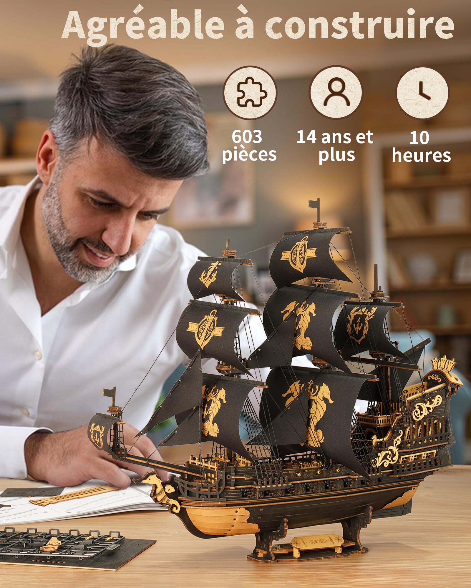 ROKR Maquettes de bateau en bois 3D à construire pour adultes, voilier mécanique à monter soi-même, maquettes de bateaux à construire pour adultes, barque hippocampe MCB02