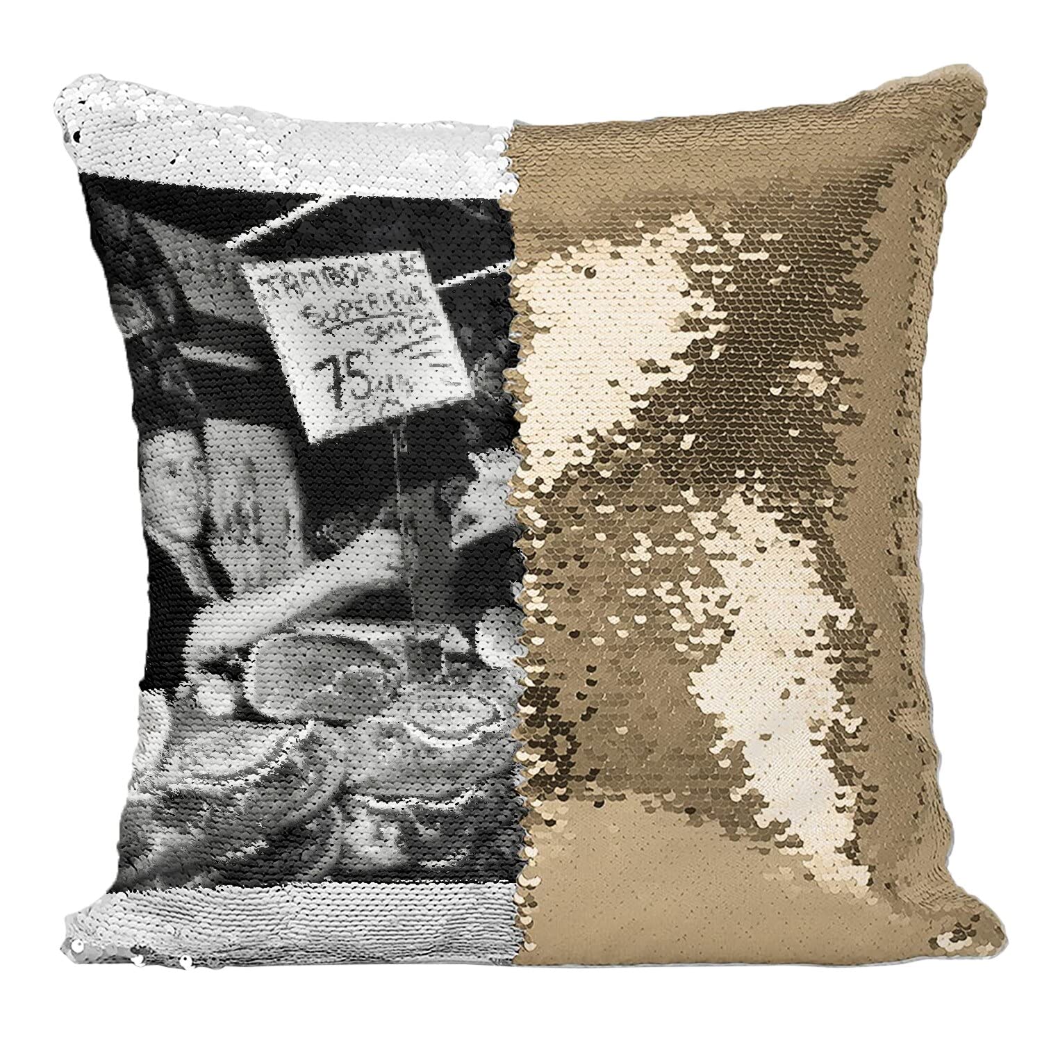 Housse coussin sequin Jacques Chirac dore : decoration vintage president de France