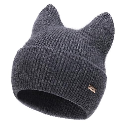 jaxmonoy Winter Cute Cat Ear Knitted Beanie Hats for Women and Men Soft Warm Knit hat Ladies Skull Beanies Cap - Dark Grey