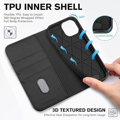 Miniatura 4 de TUCCH Funda tipo cartera para iPhone 15 de 6.1 pulgadas, 3 ranuras para tarjetas con función atril de piel sintética bloqueo RFID, funda abatible