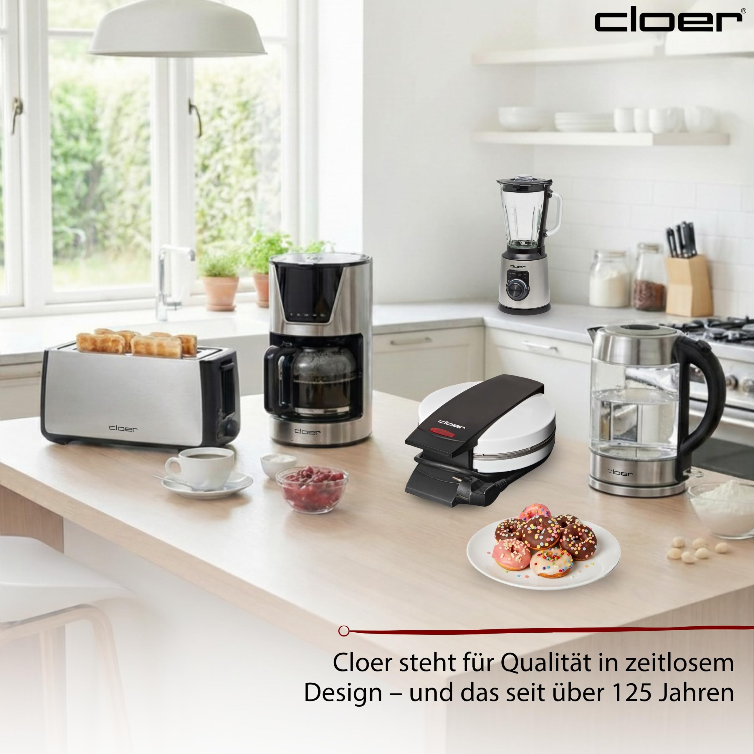 Cloer 6121 Donut Maker für 6 Mini-Donuts oder Bagels, Antihaftbeschichtung, rote Kontrollleuchte, platzsparend verstaubar, Kabelaufwicklung, Steckerdepot, weißes Metallgehäuse, 520W