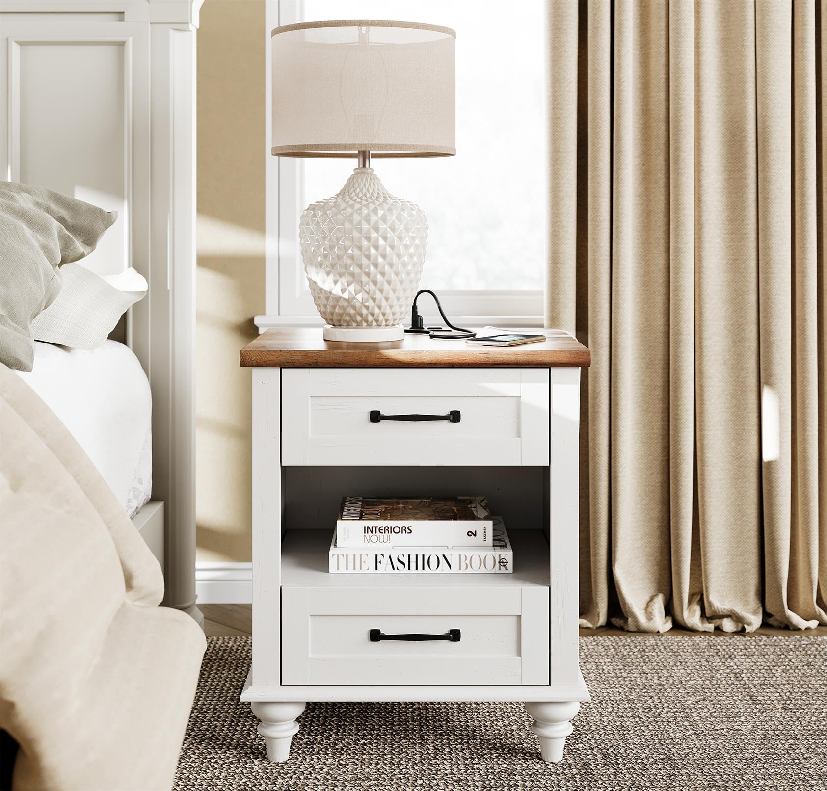 WAMPAT White Side Table with 2 Drawers & Charging Station, Mid Century Nightstand for Bedroom with Power Outlets & USB Ports, Wooden Bedside Table Night Stand with Shelf for Living Room, Antique White