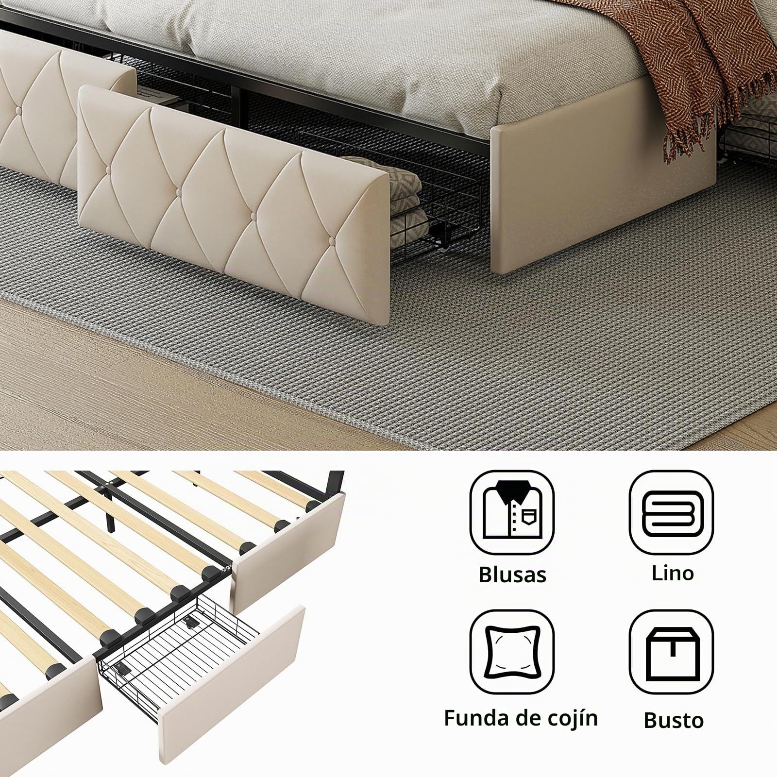 Cama Acolchada de Matrimonio con 4 cajones y LED, Estructura de Cama de Matrimonio, Plataforma de Poliuretano con somier de láminas de Madera, sin colchón (Beige, 140x200cm)