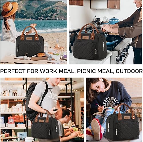 Miniatura 7 de HOMESPON Bolsa de almuerzo para mujer, hombre, adultos, con bolsillo frontal, aislada, lonchera para el trabajo, picnic o viajes (negro)