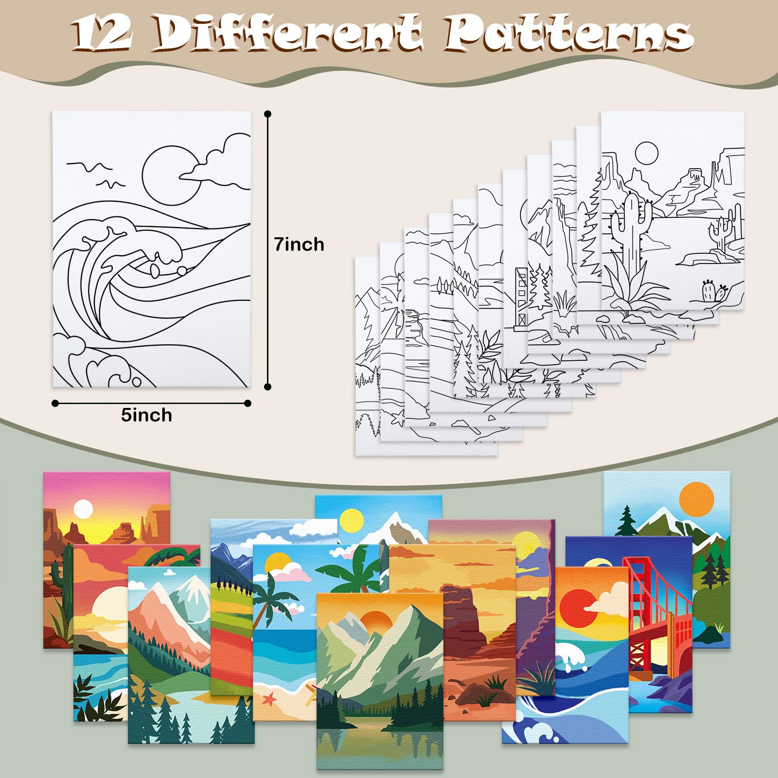 12 Packs Pre Drawn Canvas to Paint for Adults, Pre Printed Canvas for Kids, Pre Stretched Canvas Outline Painting Boards for Beginners, Students, Party Favor (5 * 7 inch, Landscape)