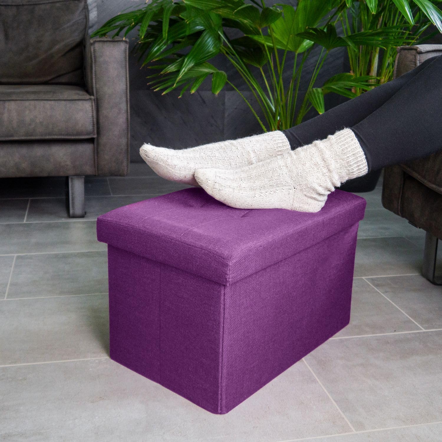 INTIRILIFE Panca pieghevole 49x30x30 cm in VIOLA - Cubo di seduta con coperchio e vano portaoggetti in tessuto con incavi Cubo di seduta poggiapiedi richiudibile cassetto portaoggetti sgabello sedile
