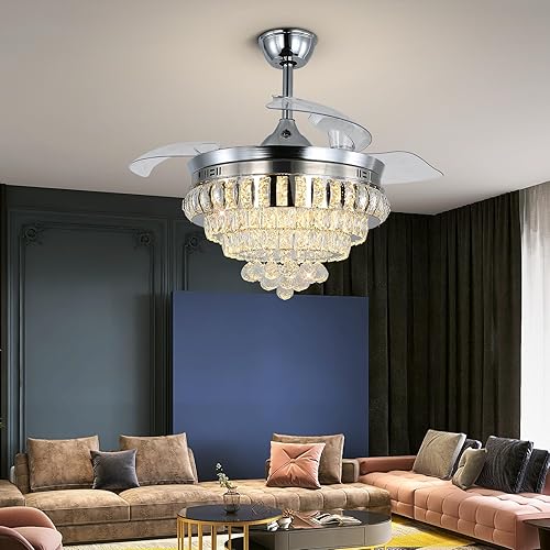 Miniatura 9 de Deckrico Ventilador de techo de cristal con control remoto de luz de 42 pulgadas, moderna lámpara LED retráctil de 6 velocidades para sala de estar,