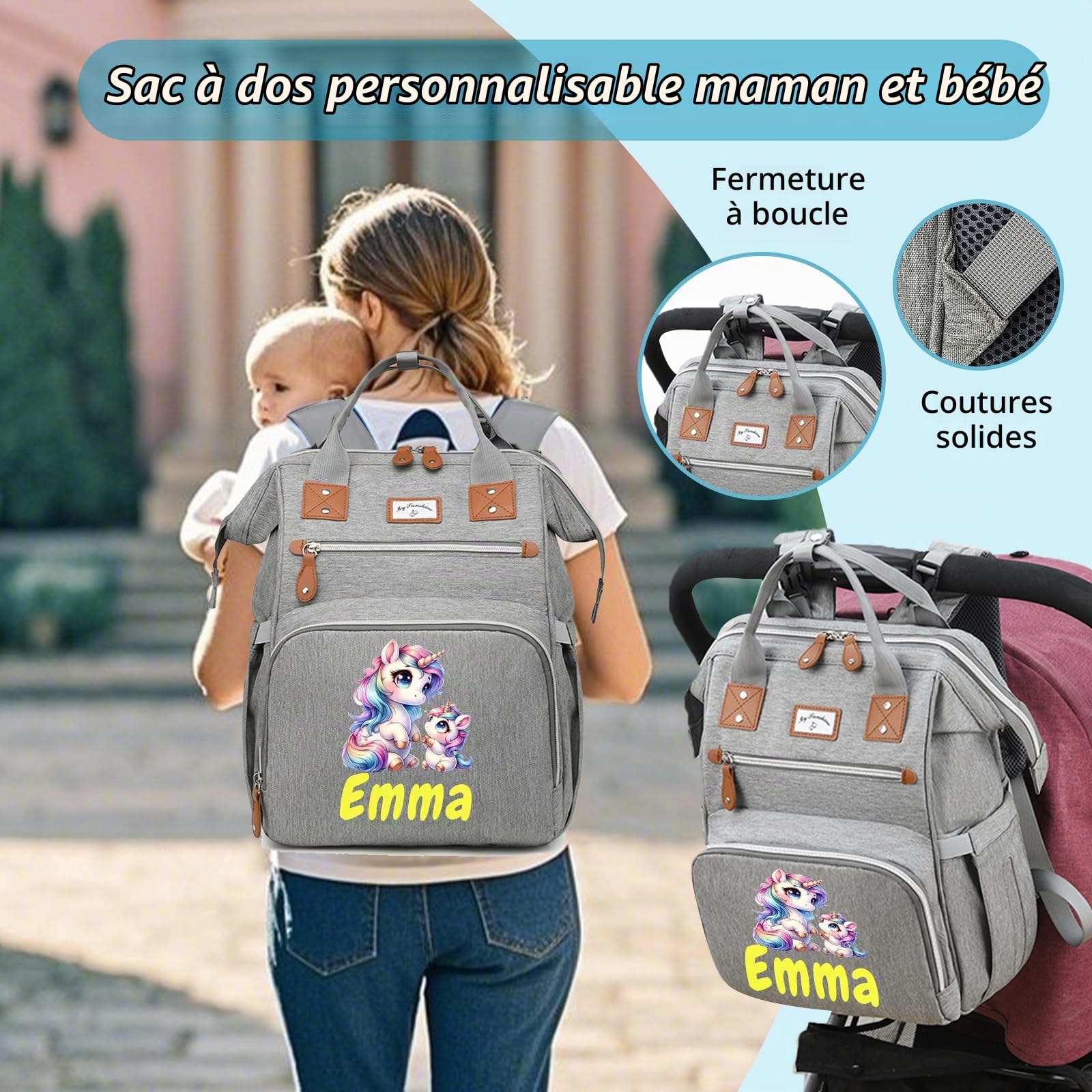 Sac à Langer Personnalisé avec Animaux et Prénom | Sac à Dos pour Bébé Garçon et Fille | Cadeau pour Nouveaux Parents, Baptême, 1er Jour des Mères
