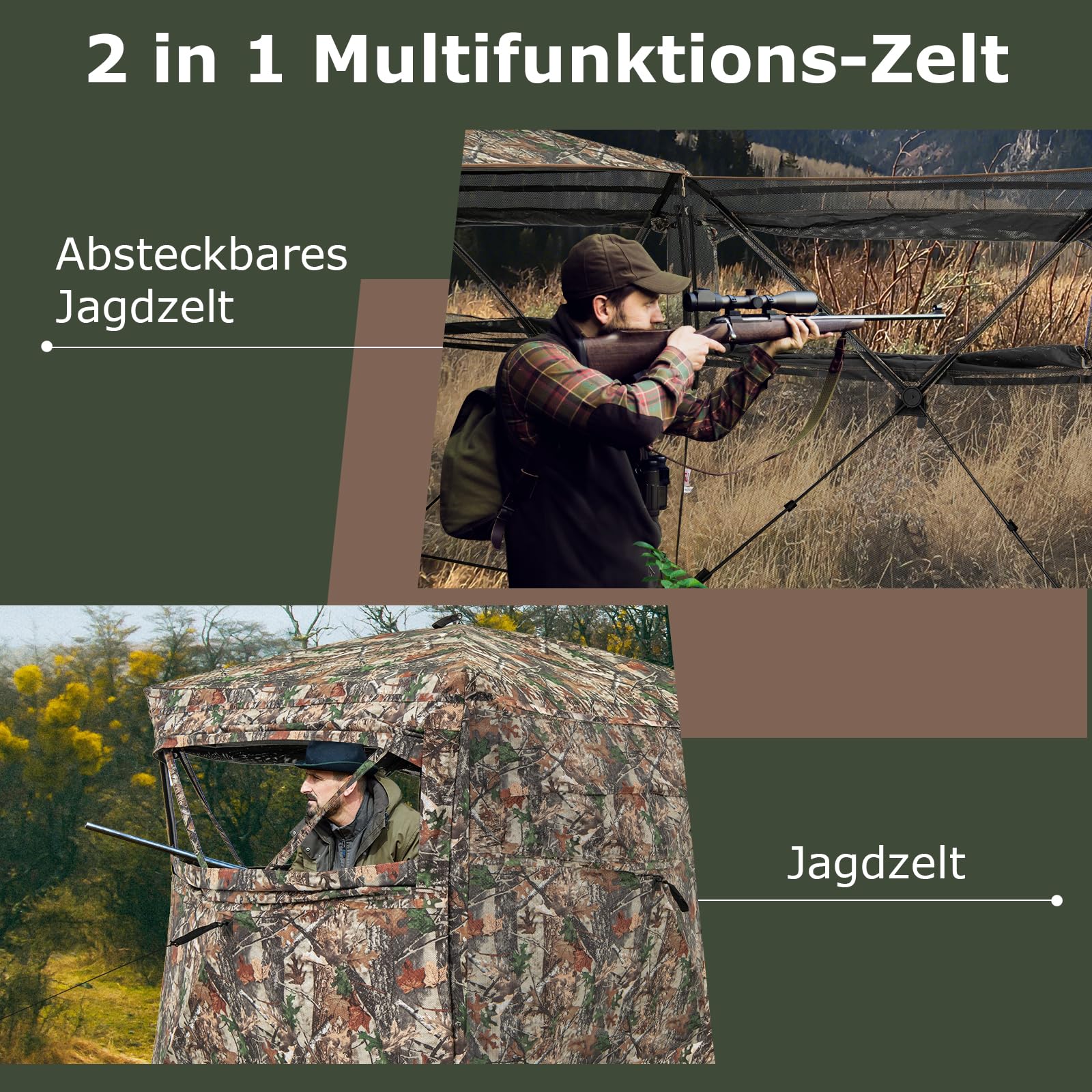 GOPLUS Namiot myśliwski 2 w 1, namiot myśliwski dla 2-3 osób, jednorazowy przezroczysty namiot myśliwski 360°, z torbą do przenoszenia i całkowicie otwartymi drzwiami, rozkładany namiot maskujący do