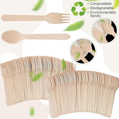 Miniatura 4 de Mumufy Juego de cubiertos de madera desechables de 1000 piezas, cucharas y tenedores a granel, cubiertos de bambú resistentes para bodas, camping,