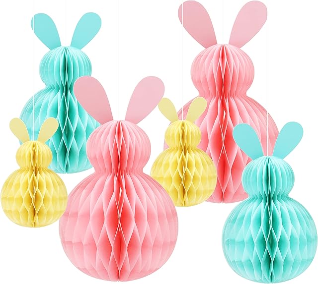 MAMUNU 6 PCS Easter Hanging Decorations, Rabbit Honeycomb Ball Pendant Decoration Hanging Bunny Pendant Ornament Easter Party Favors