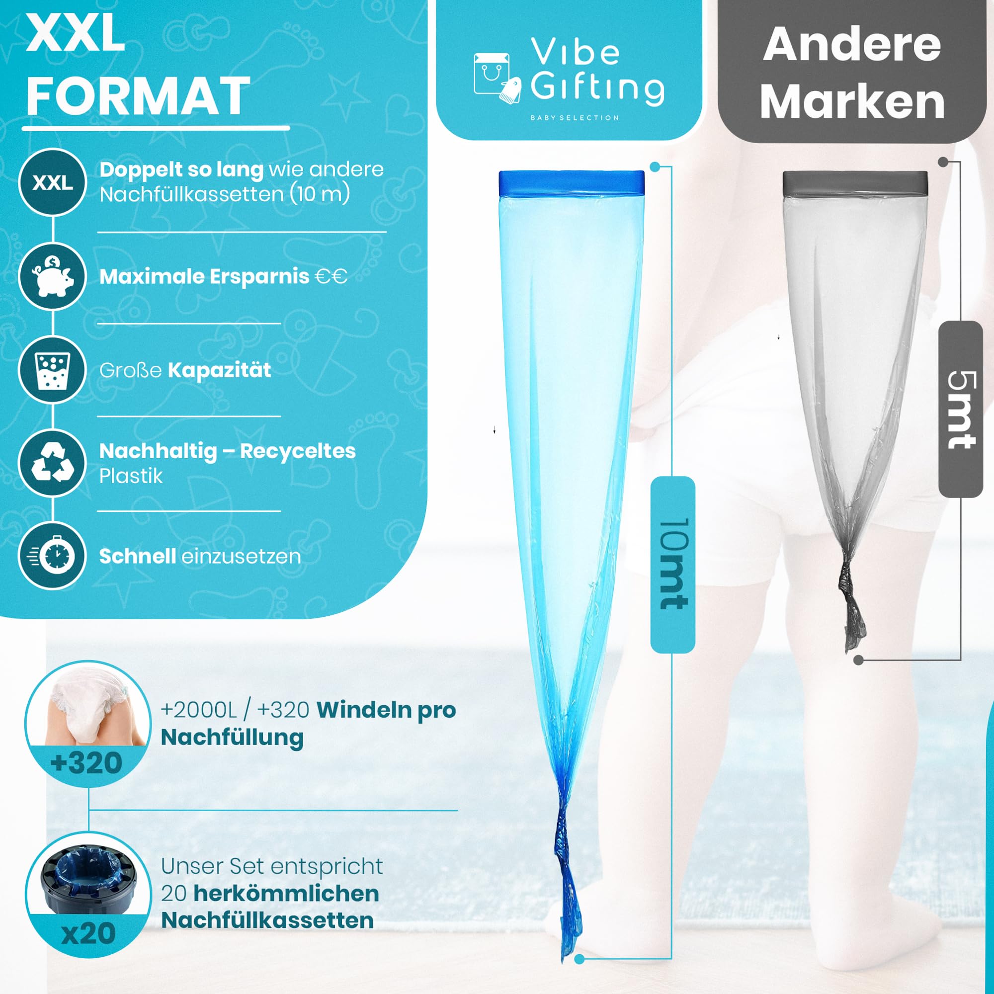 VibeGifting® XXL-Familienpackung – 9 windeleimer nachfüllfolie à 10 m, kompatibel mit Tommee Tippee Nachfüllkassette, Universell, Duftend, Geruchsneutralisierend, BPA-frei, 100% Recycelt