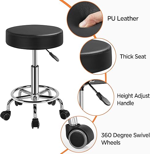 Miniatura 5 de Yaheetech Silla de spa ajustable con ruedas, taburete redondo pequeño, silla de tatuaje, color negro