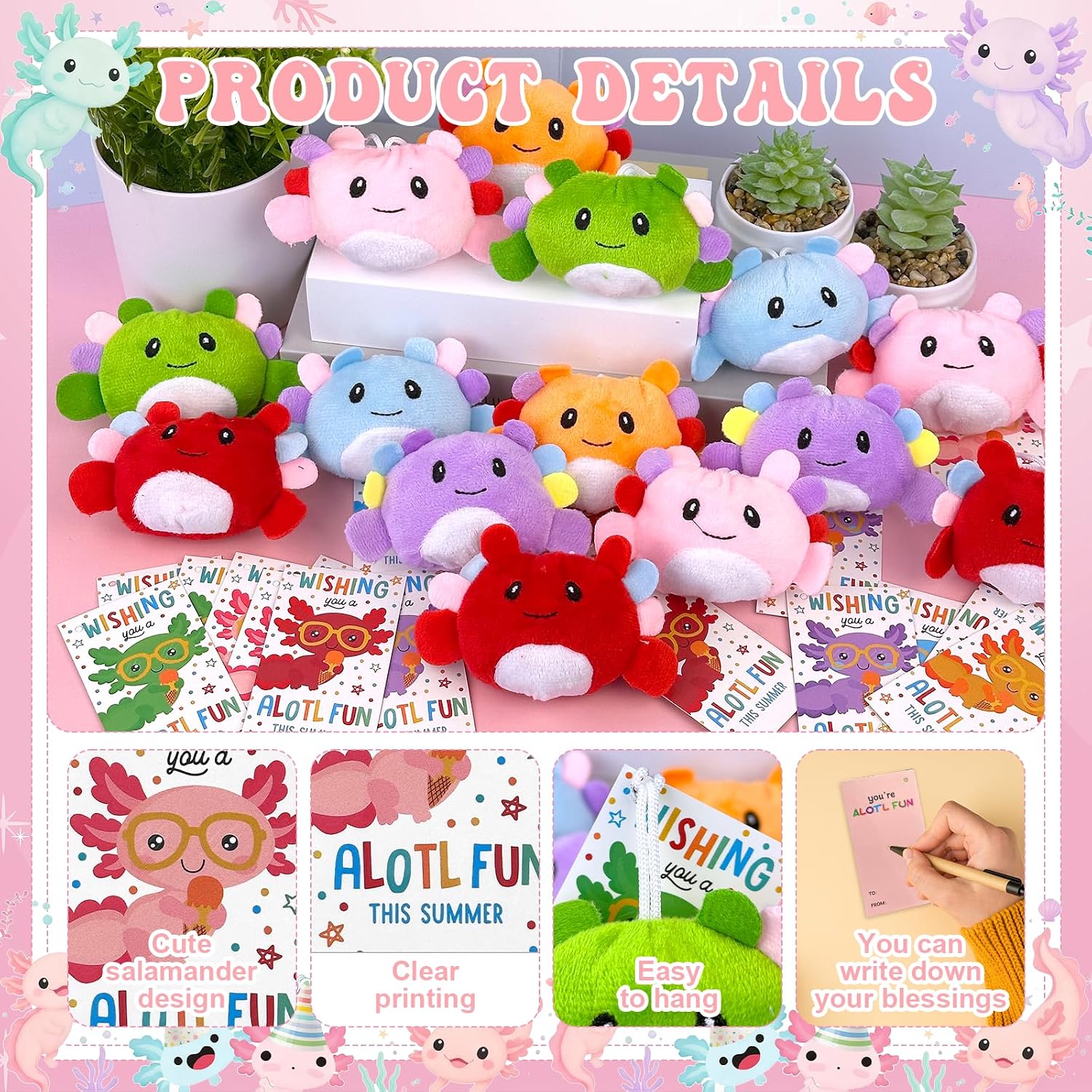 24 Sets End of Year Gifts Bulk Axolotl Keychain Plush Toys Axolotls Stuffed Animal Plushie Doll Ornament with Gift Cards for End of the School Year Graduation Classroom Prize Goodie Bag Stuffers