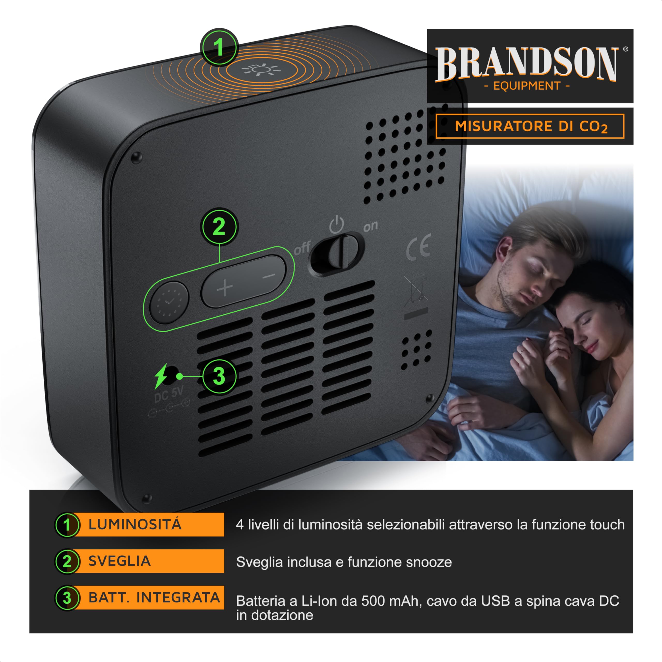 Brandson - Misuratore di CO2 misurazione dell'anidride carbonica PPM - Allarme - Sveglia con Funzione Snooze - Temperatura, Ora, umidità - Batteria Ricaricabile Integrata - Nero