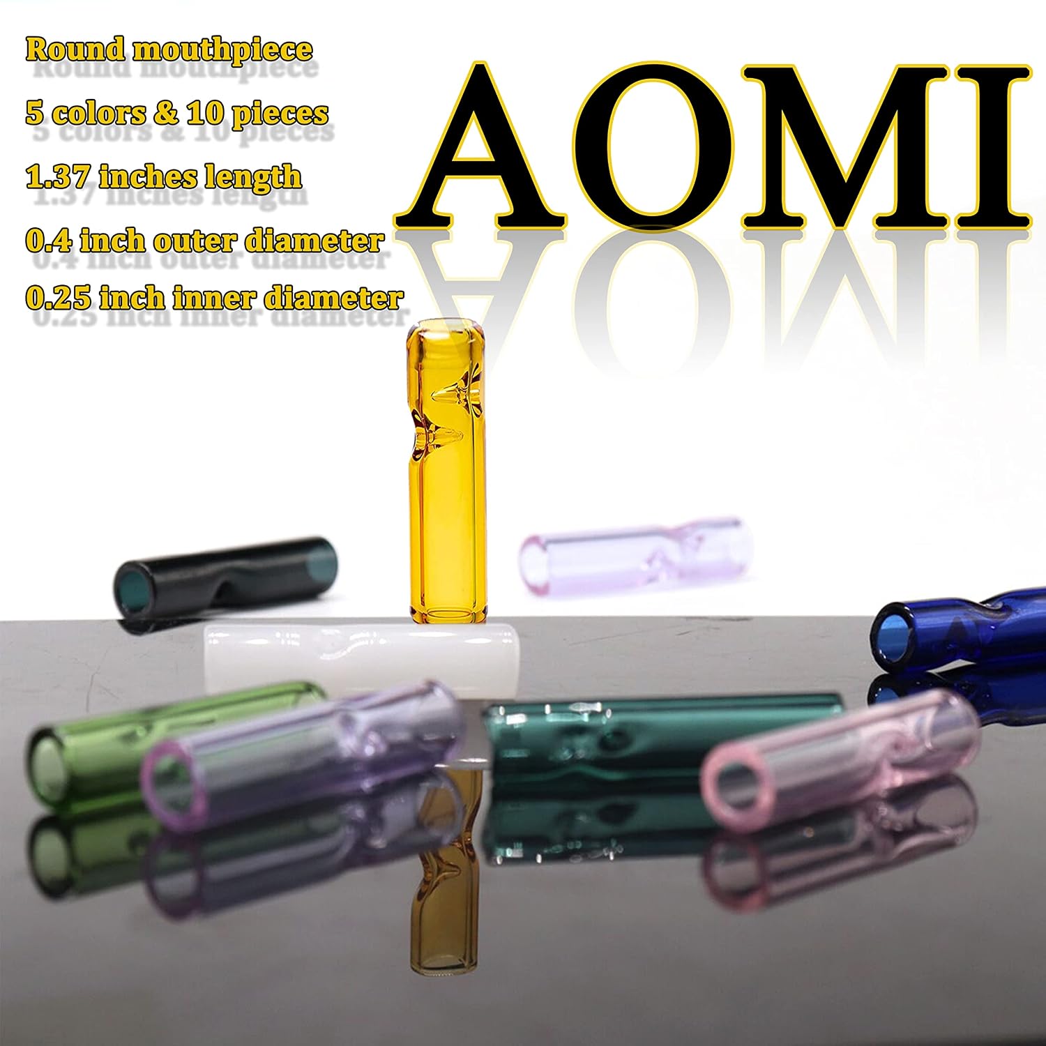 Reusable Glass Rolling Tips for Filter, Ø10mm Outer Diameter Ø7mm ID 35mm Length Round Mouth Tips for Big Air Flow, 5 Colors 10 Pieces Easy to Clean