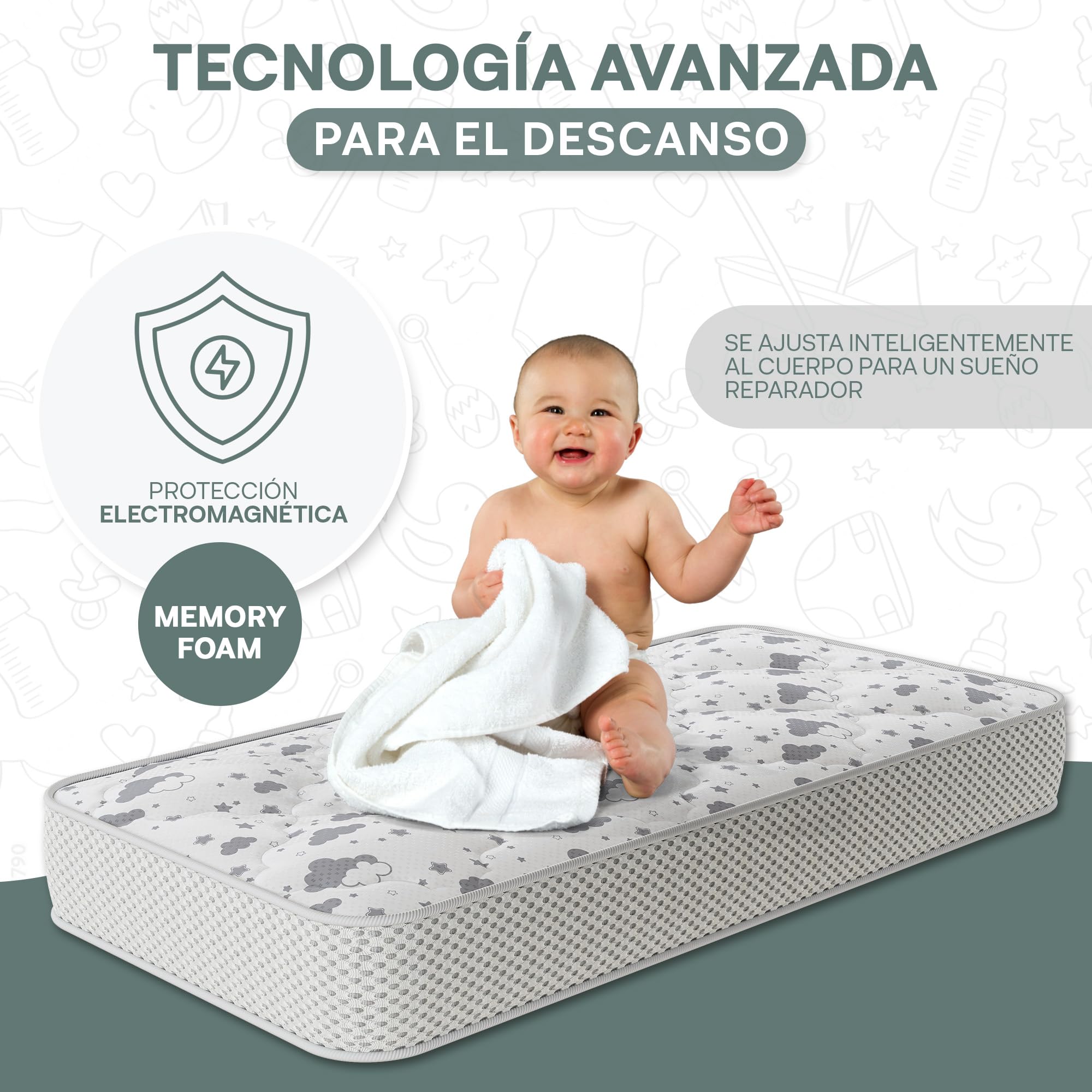 COLCHÓN Cuna Bebe 117 X 57 CM | VISCOELÁSTICA 2 CM Cada Lado | NÚCLEO HR 8CM | Transpirable | ANTIALERGÉNICO | Gran SUAVIDAD | Memory Foam | 14 CM Altura | Fabricado EN ESPAÑA | Directo DE FÁBRICA