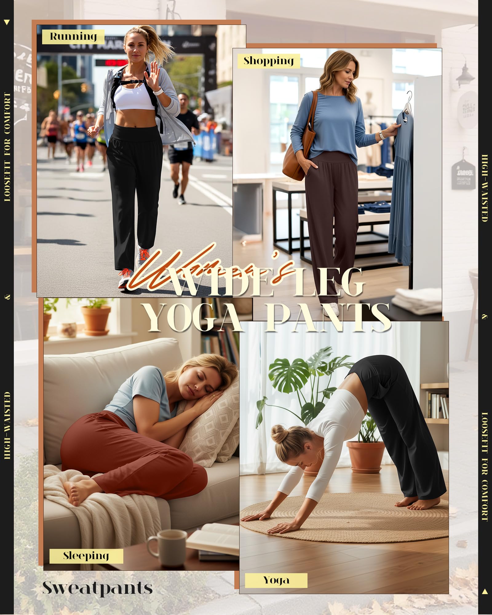Neer 3er Pack Damen Yogahosen mit Weitem Bein Bequeme Loungewear-Hosen mit Taschen Lockerer Gummibund Offene Hosenbeine