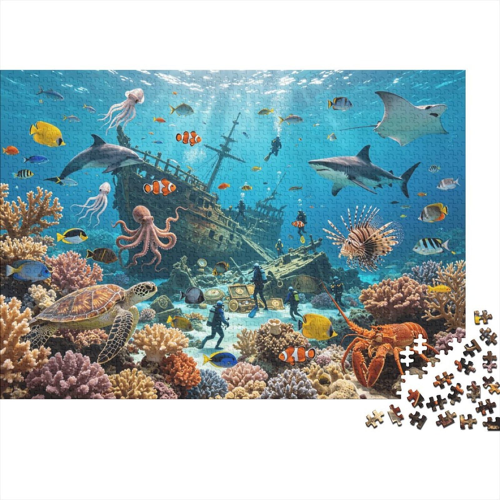 Ocean Wildlife Jigsaw Puzzles 1000 Pieces Recycled Material Sunken Ship Puzzles for Elderly Relieve Senile Dementia Fun Family Game Activity Home 38x26cm/1000pcs