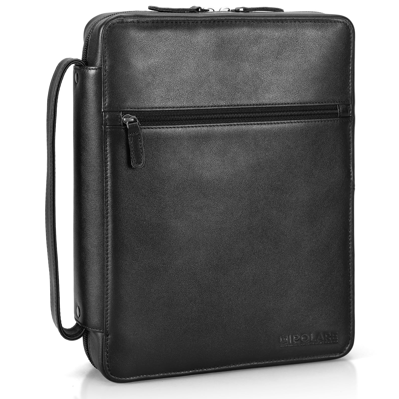 Polare Napa Leather Bible Cover Church Bag Bible Protective Book Holder Carrying Case Folder Organizer Portfolio, Black