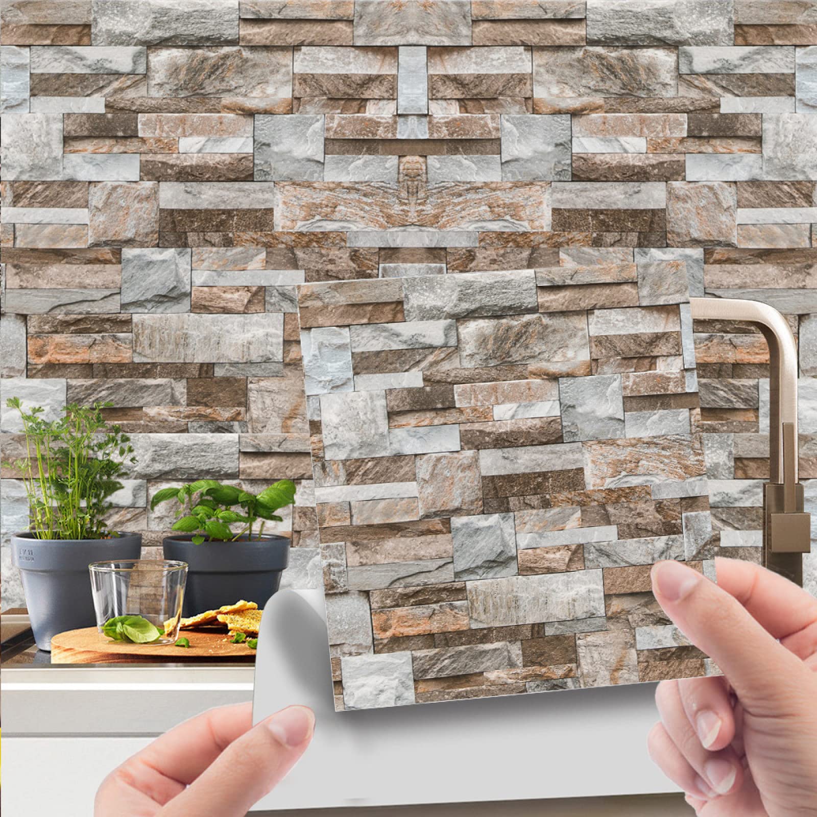 Piastrelle Adesive Cucina Mattone Di Pietra Marrone Chiaro Pavimento pvc Adesivo Mobili Decorazioni Piastrelle Adesive Bagno Impermeabile Resistenza all'olio Mattonelle Adesive