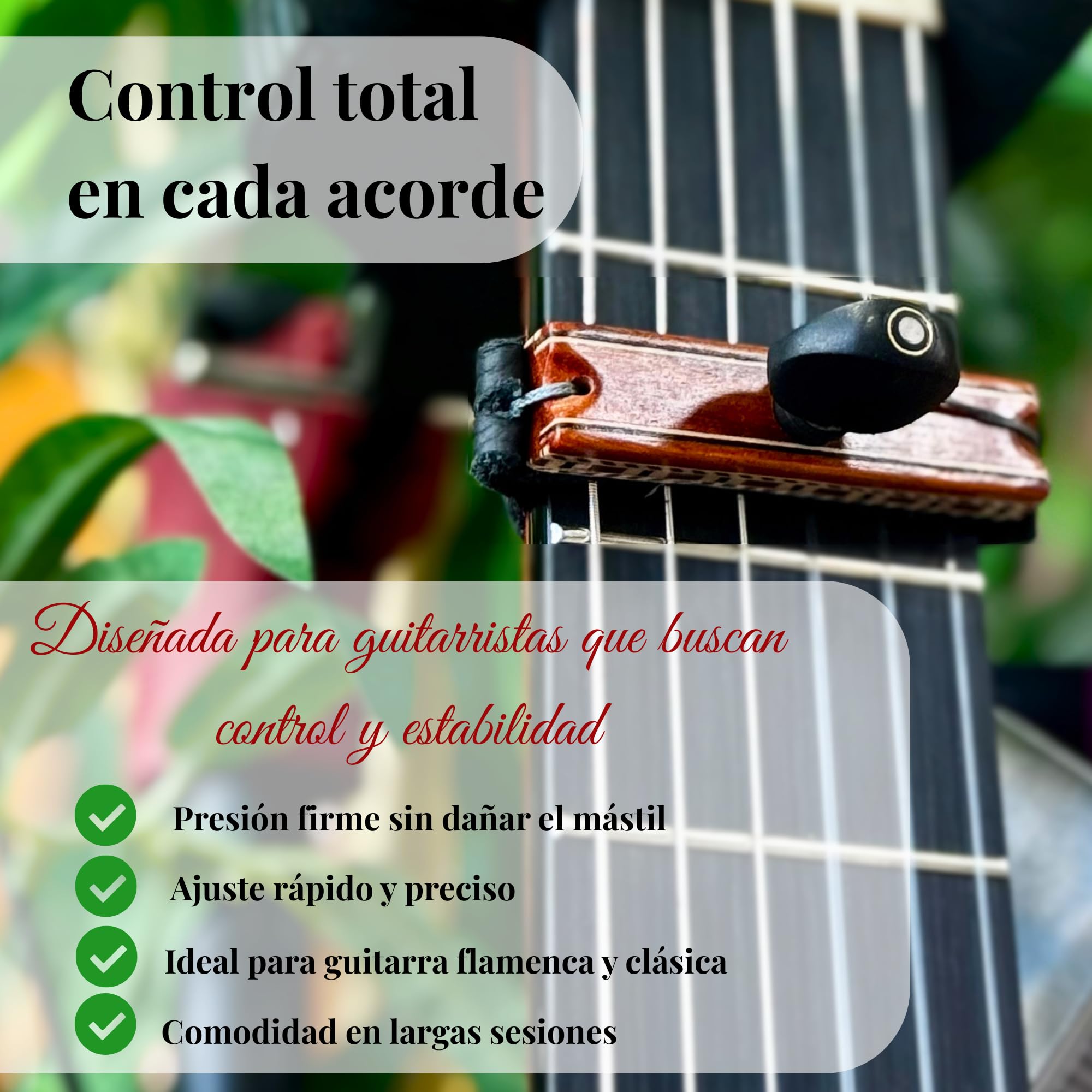 Cejilla Artesanal “La Moraína” para Guitarra Flamenca – Madera con Cenefa de Marquetería, Clavija de Ébano y Ajuste de Piel de Vaca, Cuerda Resistente
