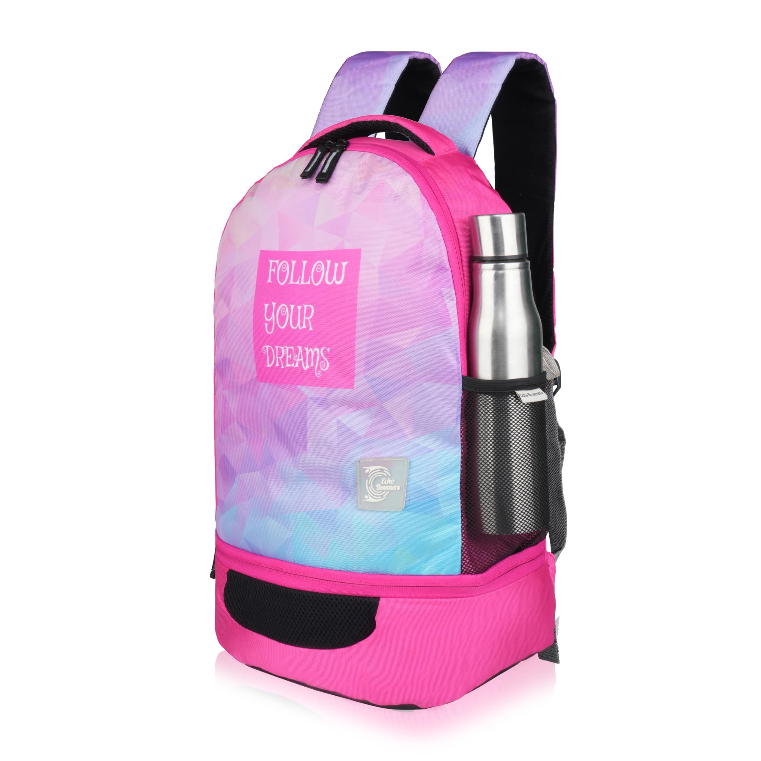 Echo Boomers Follow Your Dreams Sports Backpack with Separate Football Compartment | Student Sports Backpack with Adjustable Straps & Durable Build | Pink 2