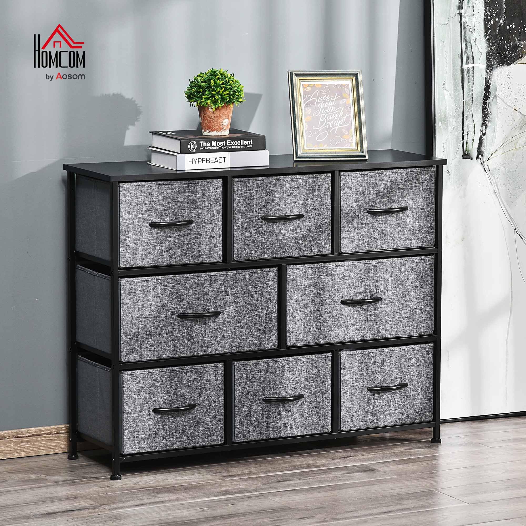 HOMCOM Komoda z 8 szufladami z materiału, szafka do przechowywania, szafka na komodę z uchwytami, metalowy stelaż, nowoczesny design, szafka do sypialni, salonu, ciemnoszara