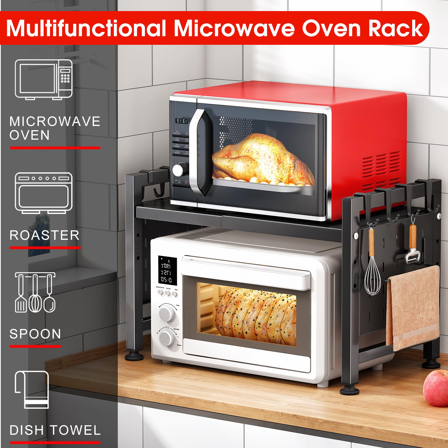 SAYZH Soporte Microondas Extensible, 2 Niveles estante microondas con 10 Ganchos, Soporte Para Microondas Para Encimera de Cocina, 40-70 cm, Negro